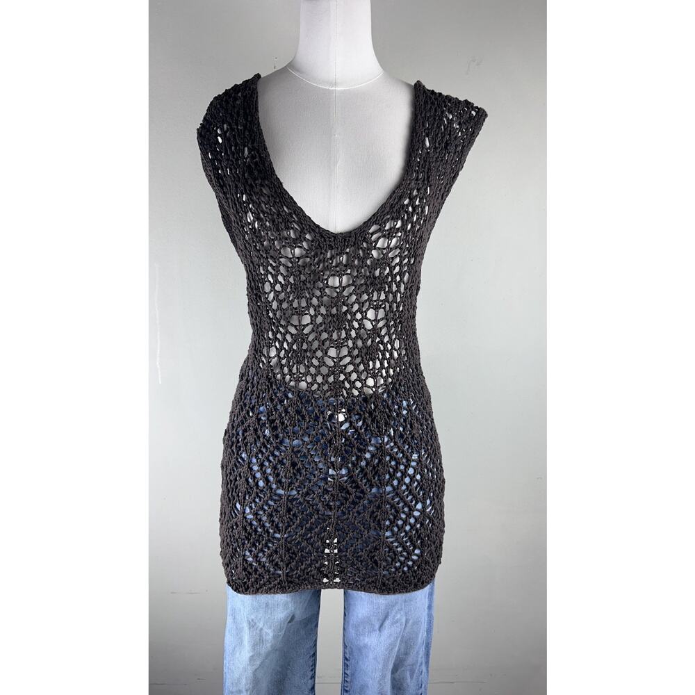 HALOGEN Crochet Knit Brown Neutral Top Tunic Large Festival Boho Coverup Cotton